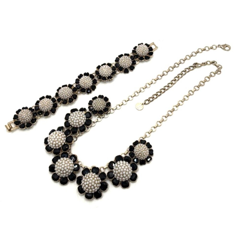 Vintage TALBOTS Black Rhinestone & White Bead Flower Necklace Bracelet Set